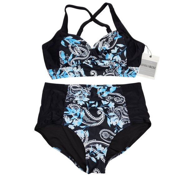 Hanna Nikole Womens XL Floral Print High-Waisted Bikini Set Black Blue - Picture 1 of 6